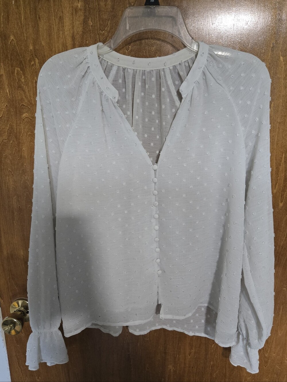 White Swiss Dot Button-Front Women’s Blouse